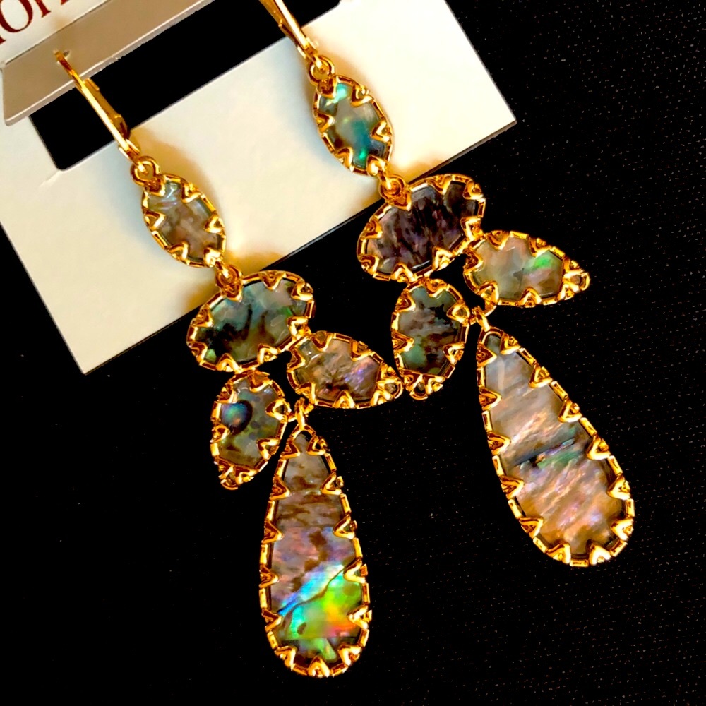 Gold and abalone dangle chandelier statement earrings - Picture 2 of 7